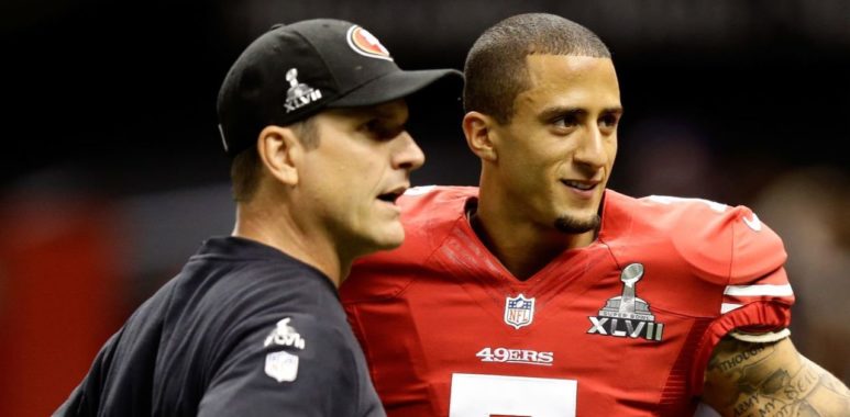 HC Jim Harbaugh y QB Colin Kaepernick con los San Francisco 49ers en el SB XLVII