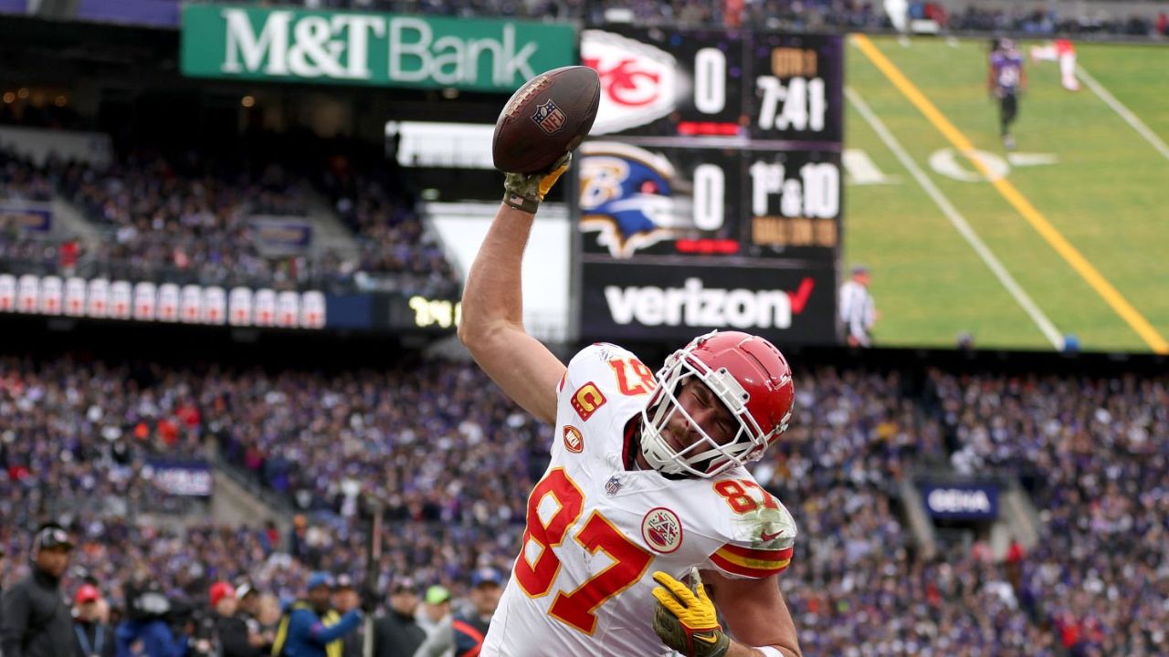 TE Travis Kelce, Kansas City, en el AFC Championship Ravens vs. Chiefs 2024