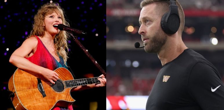 Taylor Swift, izquierda; OC Kliff Kingsbury de los Washington Commanders, derecha