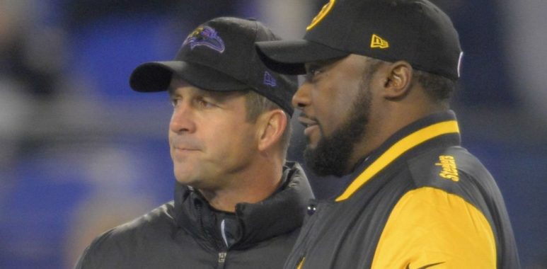 HC John Harbaugh, Baltimore Ravens (izquierda); HC Mike Tomlin, Pittsburgh Steelers (derecha)