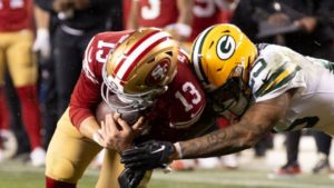 QB Brock Purdy, San Francisco 49ers, contra los Green Bay Packers en enero de 2024