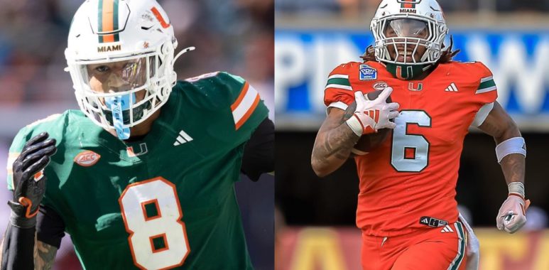 TE Elijah Arroyo y RB Damien Martinez, Miami Hurricanes