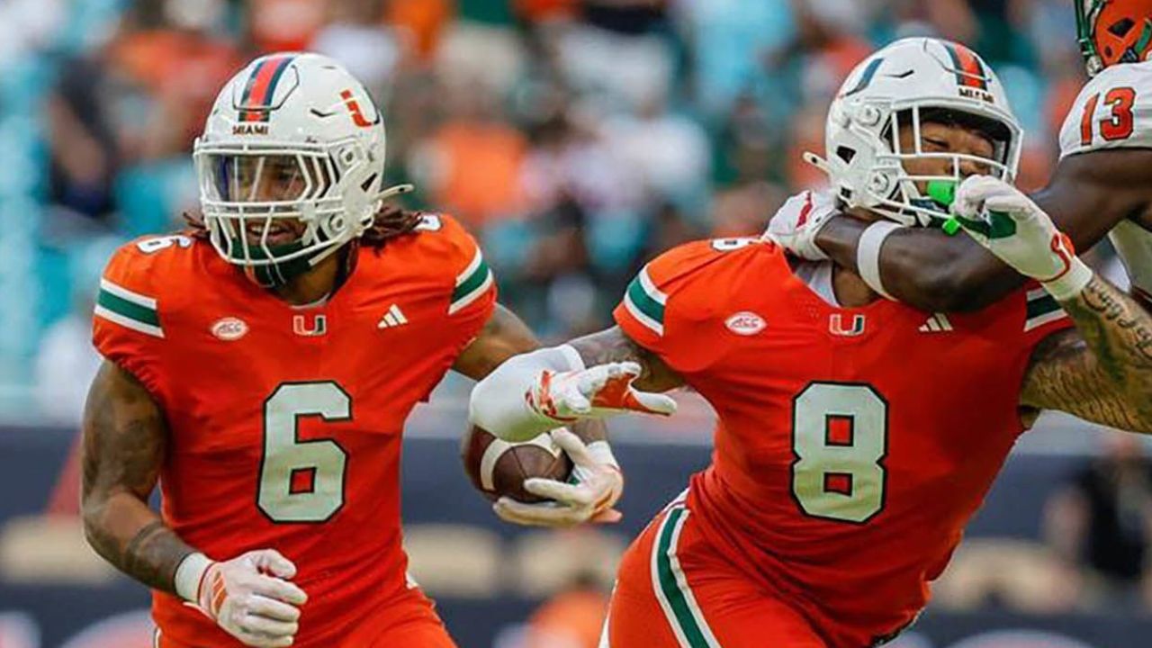 RB Damien Martinez y TE Elijah Arroyo, Miami Hurricanes