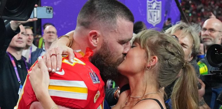 TE Travis Kelce, Kansas City Chiefs; y su pareja, Taylor Swift