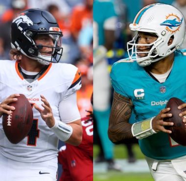 QB Zach Wilson con los Denver Broncos; QB Tua Tagovailoa con los Miami Dolphins