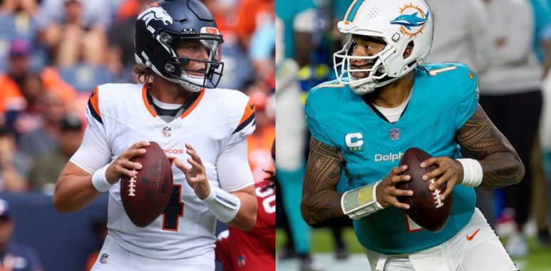 QB Zach Wilson con los Denver Broncos; QB Tua Tagovailoa con los Miami Dolphins