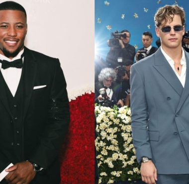RB Saquon Barkley, Philadelphia Eagles; y QB Joe Burrow, Cincinnati Bengals; en la Met Gala 2025