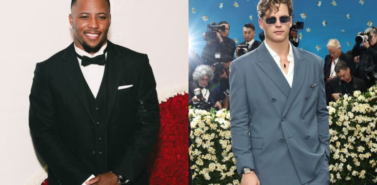 RB Saquon Barkley, Philadelphia Eagles; y QB Joe Burrow, Cincinnati Bengals; en la Met Gala 2025